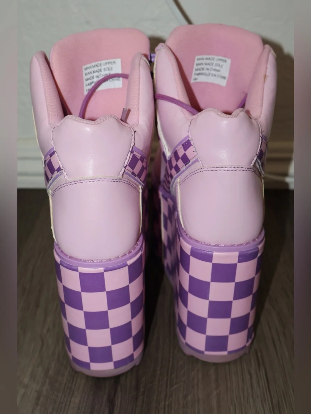 womens YRU pair of pink and purple checkered platform high-top sneakers Size 5